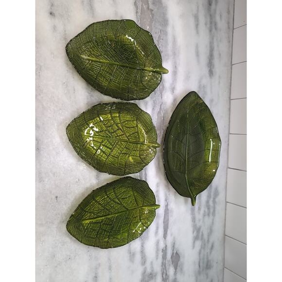 Pressed Glass Leaves Set, Green Decorative Leaves, Gold Paint‎ Trim, Set of 4 - Picture 1 of 9